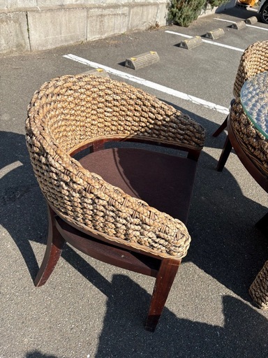 ☆①中古品 アジアン風 ダイニングテーブル 椅子 セット 屋外用 ガラステーブル ウッドデッキ☆ ☆①中古品 アジアン風 ダイニングテーブル 椅子 セット 屋外用 ガラス