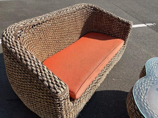 ☆中古品 アジアン風 テーブル 椅子 セット  屋外用 ガラステーブル ウッドデッキ☆
