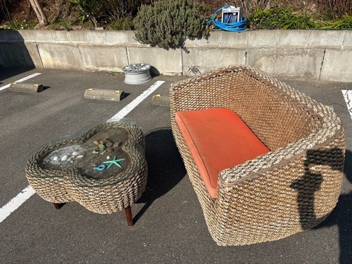 ☆中古品 アジアン風 テーブル 椅子 セット  屋外用 ガラステーブル ウッドデッキ☆