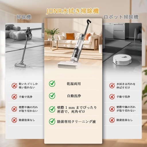 水拭き掃除機 JONR ED12 Lite【日本最軽量】吸引・水洗い・拭き取り3in1 コードレス スティッククリーナー 20000P