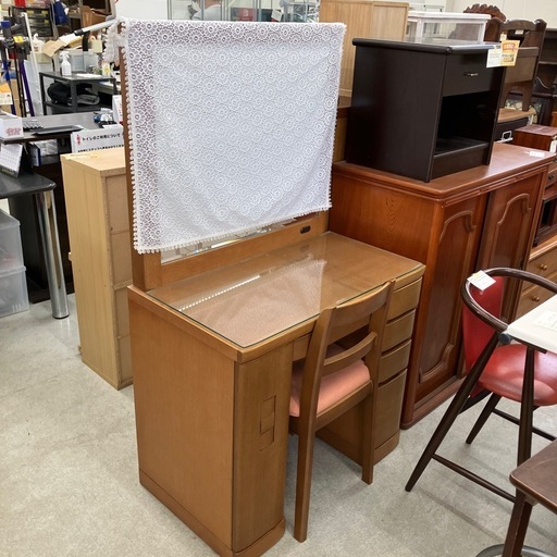 坂2602-1386 府中家具 ドレッサー 鏡台 椅子セット キズ汚れ有り