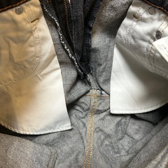 エドウィンEDWINジーンズ デニムパンツ カジュアルパンツ スラックス フルレングスボトムス 長ずぼん 長ズボン ロングパンツネイビー紺色ダークブルー青色綿コットン100％ 牛革サイズ27 W68H86メンズmen男性用紳士日本製メイドインジャパン国産国内製の画像