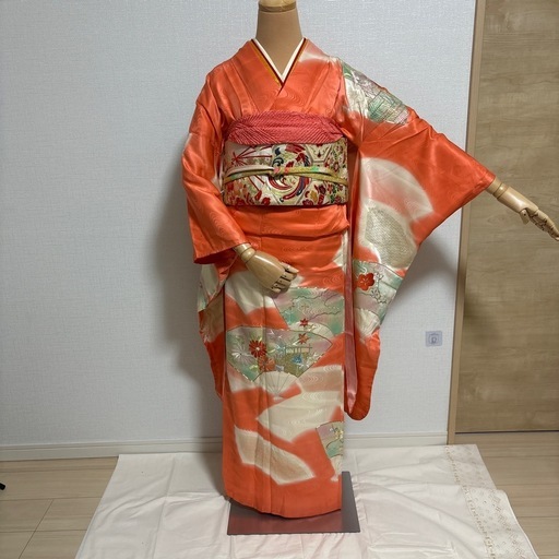 【ふんわり愛されコーデ】振袖 5点セット 扇面柄 白地袋帯 金彩 レトロ 上品
