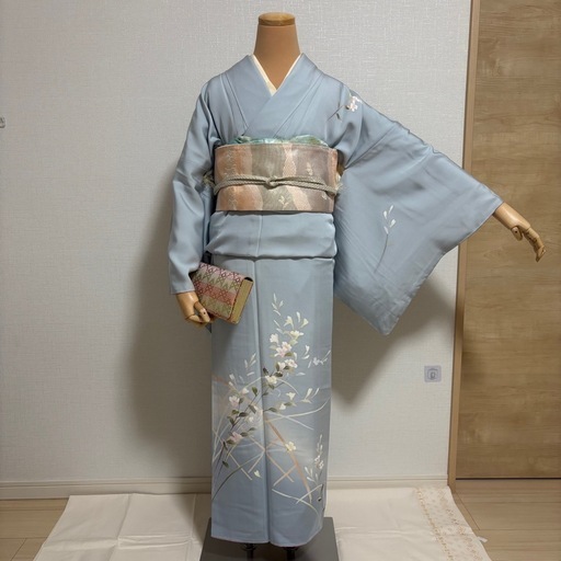 着物5点セット 付け下げ 薄水色 薄桃色 桜柄 卒業式 入学式 礼装 名古屋帯