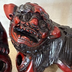 木製シーサー　獅子　置物　玉乗りの画像