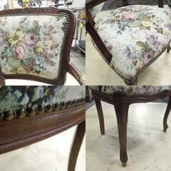 ② アンティーク調 アームチェア 椅子 ロココ調 鋲 花柄 木製フレーム ダイニングチェア ドレッサーチェア 猫脚 イス 札幌市東区 新道東店の画像