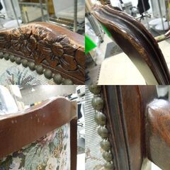 ② アンティーク調 アームチェア 椅子 ロココ調 鋲 花柄 木製フレーム ダイニングチェア ドレッサーチェア 猫脚 イス 札幌市東区 新道東店の画像