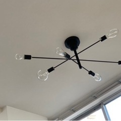 マットブラックのアームとソケットと電球のみで構成されたシーリングライト。の画像