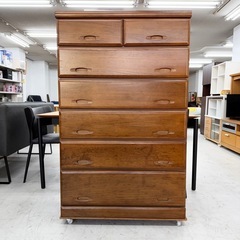①【お買い得‼️】便利♪ 89cm幅6段ハイチェスト タンス 衣類収納家具 スライドレール付き 木製ブラウン♪の画像