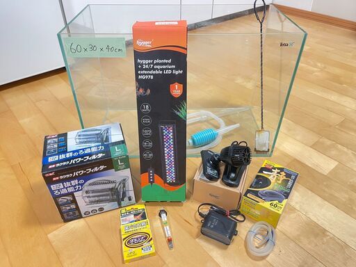 【美品】60cm水槽フルセット 約72L（LED・GEXフィルター・ウェーブメーカー・エアポンプ付）すぐ飼育可能｜読谷村