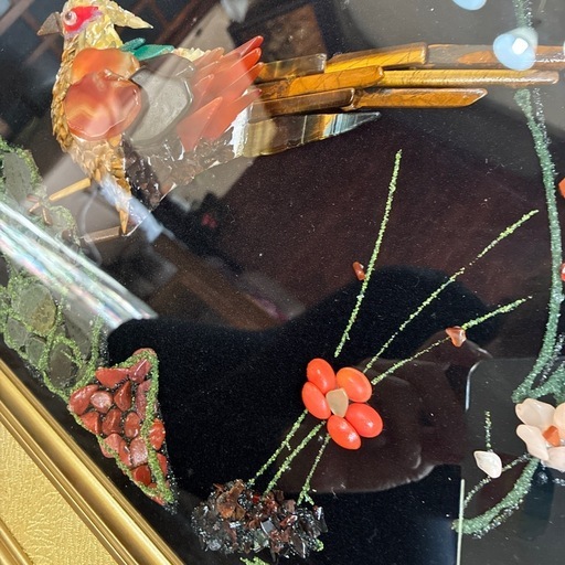 大型 玉石象嵌 額装 92×42cm 縁起物 鳳凰/花鳥図