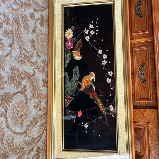 大型 玉石象嵌 額装 92×42cm 縁起物 鳳凰/花鳥図