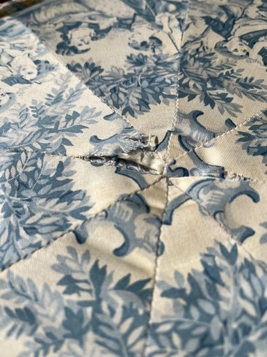 ビンテージ　トワルドジュイ柄 フリンジ オットマン スツール ブルー　ソファ　チェア　トワルドジュイ Toile de Jouy フレ