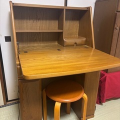 【昭和レトロ】鏡付き 木製ライティングビューロー/デスク/スツール付きの画像