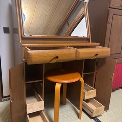 【昭和レトロ】鏡付き 木製ライティングビューロー/デスク/スツール付きの画像