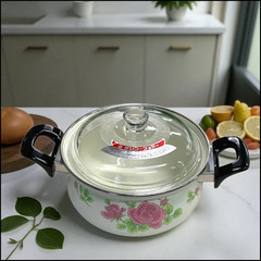 ホーロー両手鍋 ガラス蓋 昭和レトロ 薔薇 サンコーウェアーの画像