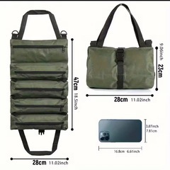 【未使用】ツールロールアップバッグ、ポータブルキャンバスバッグ、多目的バックシートオーガナイザーと吊り下げツールキャリートート5つのジッパーポケット、グリーンの画像