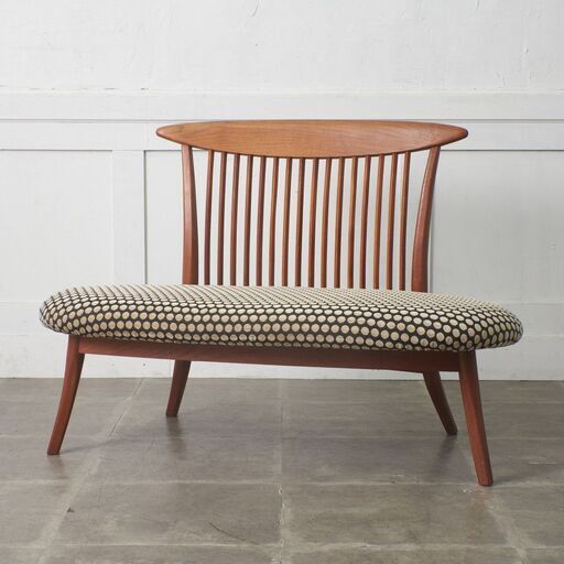 【発送の場合は即購入不可】 張替済 BC工房 チーク 無垢材 ベンチ 2人掛け ソファ チェア ハンドクラフト 2シーター ラブソファ ダイニングチェア 和モダン 97331