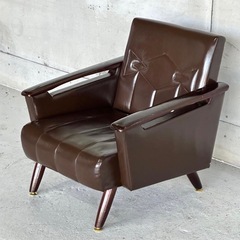 ★昭和60年代★ヴィンテージ 応接ソファ 1人掛け 木肘 ブラウン 合皮 レトロの画像