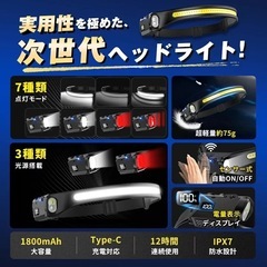 ヘッドライト 充電式 LED センサー バンド式 軽量 わずか75g 7種点灯モード 3種類光源 電量表示 USB TYPE-C 作業用 登山 ランプ 高輝度 長時間 小型 強力照射 コンパクト 防水 防塵 防災 停電 アウトドア キャンプ ランニング 釣り SOS COBの画像