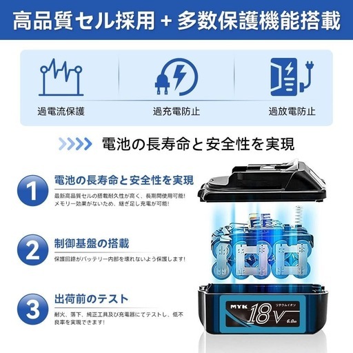 ①4個セット バッテリー 18v 6.0Ah LED残量表示付き電動工具用