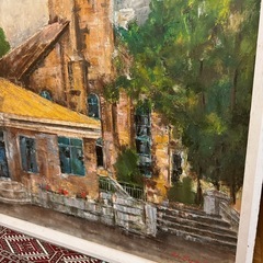 油絵　風景画　教会の画像