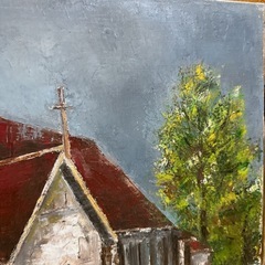 油絵　風景画　教会の画像
