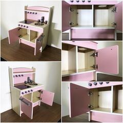 RiZKiZ 本格ままごと キッチンごっこ遊びPink 四つ口IHコンロ・シンク・掛けられるフック付 シンプルデザイン 収納棚 完成品 除菌清掃済みの画像