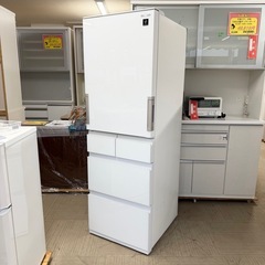 【超美品‼️】シャープ 2021年製 412Lノンフロン冷凍冷蔵庫 高級ガラスドア どっちもドア 自動製氷 プラズマクラスター ピュアホワイト♪の画像