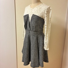 千鳥格子 ワンピース レース袖 フレアワンピース Lサイズ ハイウエスト 美シルエット 秋冬の画像