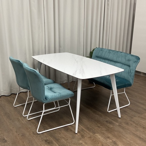 KC-5【新入荷　アウトレット品】ドルフ/セラミックトップ　ベンチダイニング4点セット　エメラルドブルー