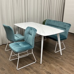 KC-5【新入荷　アウトレット品】ドルフ/セラミックトップ　ベンチダイニング4点セット　エメラルドブルーの画像
