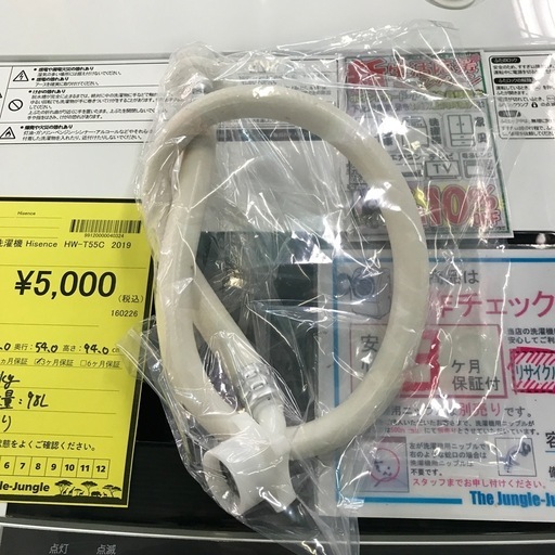ジャングルジャングル貝塚店　洗濯機　ハイセンス　白　ホワイト　2019年製　5.5kg  スリムボディ　一人暮らし　ステンレス槽　縦型
