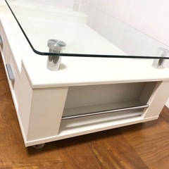 ガラステーブル◆引き出し サイドラック付◆センターテーブル◆キャスター付◆座卓◆机◆ホワイトの画像