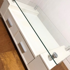 ガラステーブル◆引き出し サイドラック付◆センターテーブル◆キャスター付◆座卓◆机◆ホワイトの画像