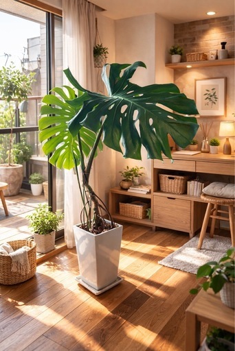 大きくて立派なモンステラ 　幹立ち　陶器鉢　
観葉植物