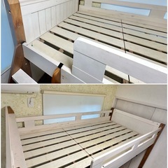 ロフトベッド 木製 シングル ハイタイプ ホワイト 床下140cm ベッドフレームのみ すのこ仕様 天然木 パイン材 宮付き 棚付き 2口 コンセント付き 梯子付き 中古の画像