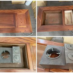 時代物 銅壺付！美品 欅 囲炉裏 火鉢 テーブル 机 座卓 天然木 幅119×縦74.5×高さ36cm 酒燗器 五徳 和家具 伝統工芸 古民具 古道具 Sの画像