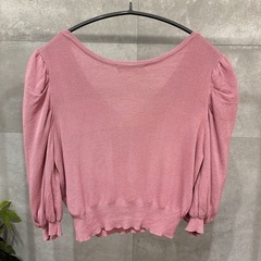 ボリュームスリーブシアーカーディガン　M ピンク　七分袖　レディース　無地の画像