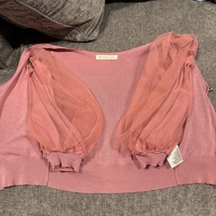 ボリュームスリーブシアーカーディガン　M ピンク　七分袖　レディース　無地の画像