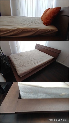 終了【15日に処分予定】激安★オシャレで綺麗なすのこのダブルベッド★クッション2つ、パッド&シーツ付き