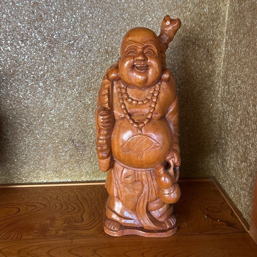 昭和レトロ　置物　木彫り　大型　縁起物　布袋様　金運　61cm