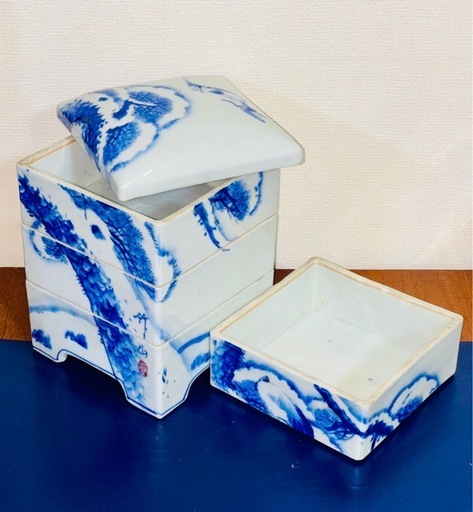 染付 四段重 陶磁器重箱 竹山銘 松鳥図  レトロ