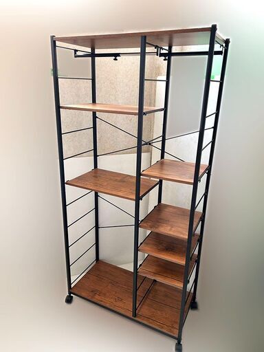 【自社配送は札幌市内限定】◆美品 木製棚シェルフ 幅880mm×奥行400mm×高さ1820mm キャスター付き/ 棚板変更可能◆倉庫保管品