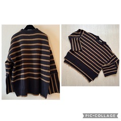 クリーコンフォルト フリーサイズ ボーダー 茶 紺 ニット 長袖 オーバーサイズの画像