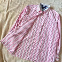 トミーヒルフィガー ストライプシャツ XL ピンク ロゴ刺繍 オーバーサイズ古着の画像