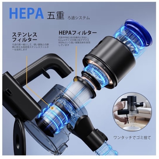 コードレス掃除機 45000pa超強力吸引 サイクロン 50分連続稼働 2段階 スティッククリーナー