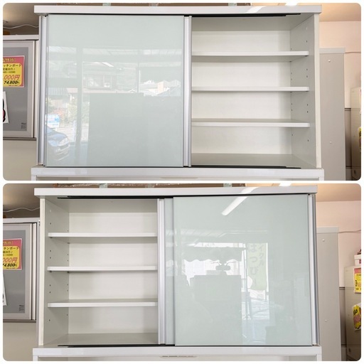 【超美品‼️】高級♪ 丸仙工業 114cm幅キッチンボード 食器棚 収納家具 鏡面仕上げホワイト♪