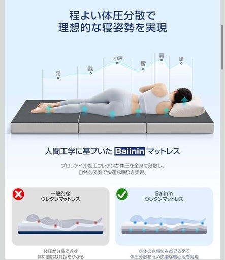 マットレス セミダブル　高反発 硬め厚さ10cm 折りたたみ 三つ折り 体圧分散