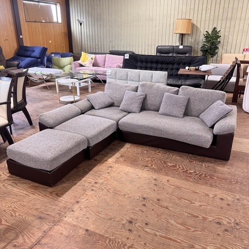 A2163?激安‼️ 5人掛けコーナーカウチソファ PVC×布張りタイプ (GY/BK)?